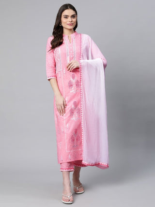 Ahalyaa Women Light Pink Colour Pure Cotton Printed Kurta Pant Set With Dupatta - Distacart