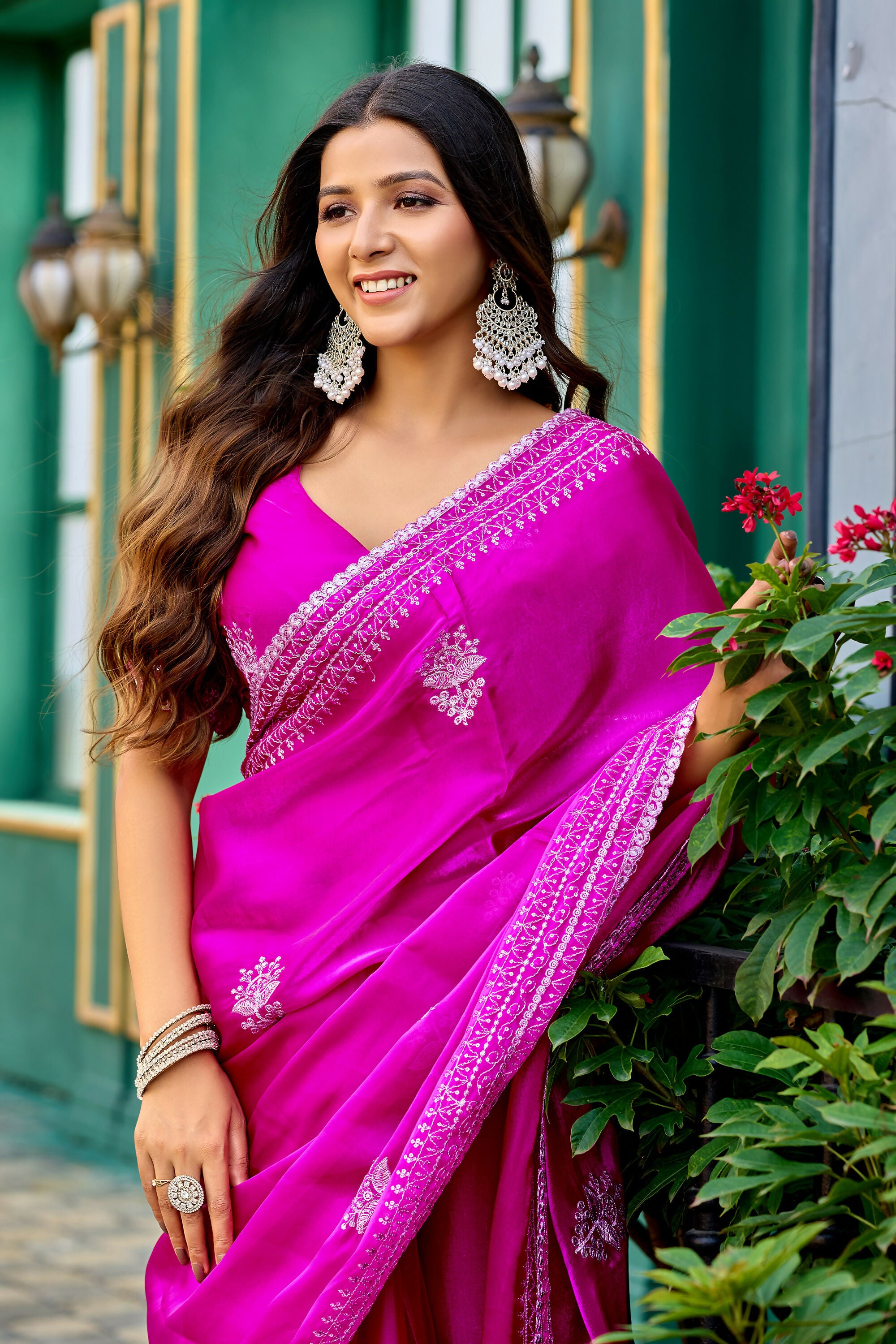 Vastranavya Pink Embroidery Work Shimmer Chiffon Saree with Unstitched Blouse