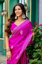 Thumbnail for Vastranavya Pink Embroidery Work Shimmer Chiffon Saree with Unstitched Blouse