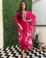 Thumbnail for The52 Rani Women's Beautiful Viscose Chanderi Fabric Embroidered Work Straight Kurta Pant and Dupatta Set - Distacart
