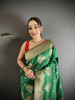Thumbnail for Joban Fashion Bottle Green Woven Butti Soft Silk Banarasi Silk Saree - Distacart