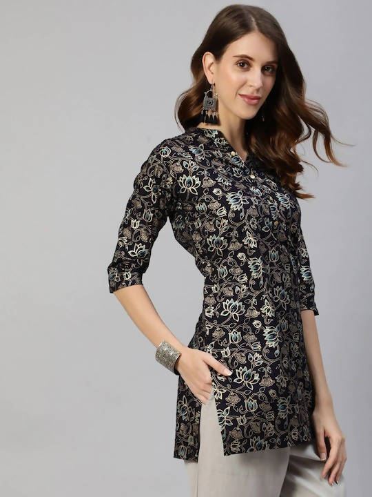 Anubhutee Navy Blue & Gold Ethnic Motifs Foil Printed Kurti - Distacart