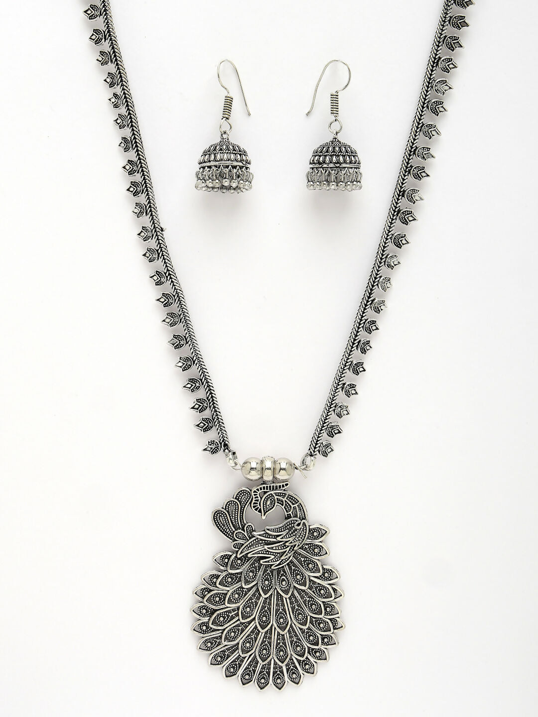 NVR Women's Silver-Toned Peacock Design Oxidized Necklace with Jhumka Earrings - Distacart