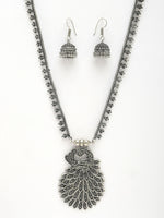 Thumbnail for NVR Women's Silver-Toned Peacock Design Oxidized Necklace with Jhumka Earrings - Distacart