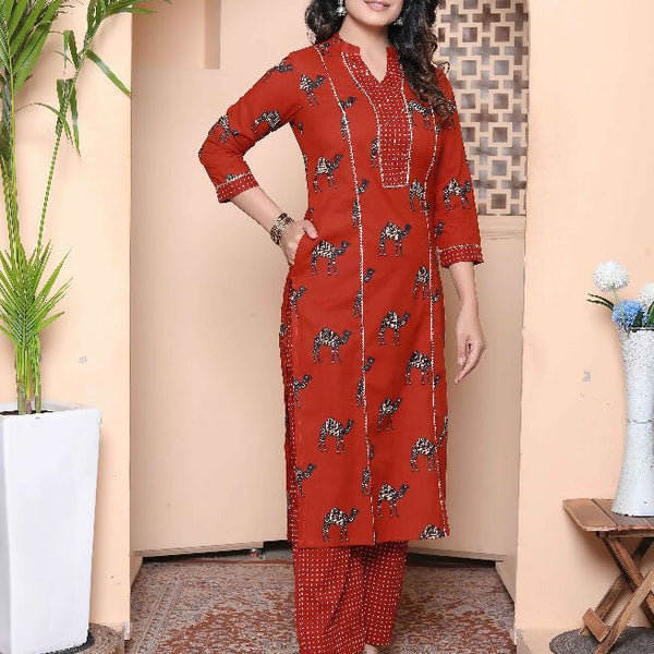 Miravan Womens Rust Animal Printed Three Quarter Sleeves Pure Cotton Kurta With Palazzo - Distacart
