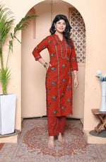 Thumbnail for Miravan Womens Rust Animal Printed Three Quarter Sleeves Pure Cotton Kurta With Palazzo - Distacart