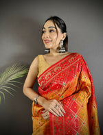 Thumbnail for Joban Fashion Yellow And Red Geometric Pattern Soft Silk Patola Saree - Distacart