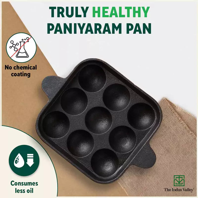 The Indus Valley 9 Pit/Cup CASTrong Cast Iron Paniyaram/Appe Pan+ Spatula, Pre-seasoned, Natural Nonstick, 100% Pure, Toxin-free, 18.2 cm, 1.34 kg - Distacart