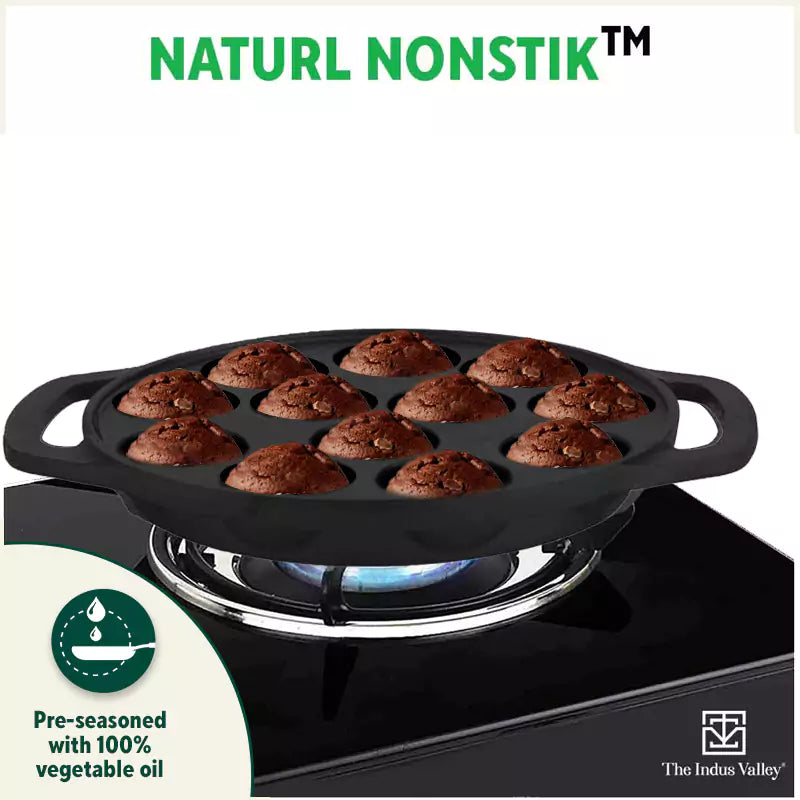 The Indus Valley 12 Pit/Cup CASTrong Cast Iron Kuzhi Paniyaram/Paddu Pan/Appe Maker, Pre-seasoned, 100% Pure, Toxin-free, Spatula, 21 cm, 2.2 kg