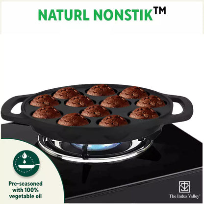 The Indus Valley 12 Pit/Cup CASTrong Cast Iron Kuzhi Paniyaram/Paddu Pan/Appe Maker, Pre-seasoned, 100% Pure, Toxin-free, Spatula, 21 cm, 2.2 kg - Distacart