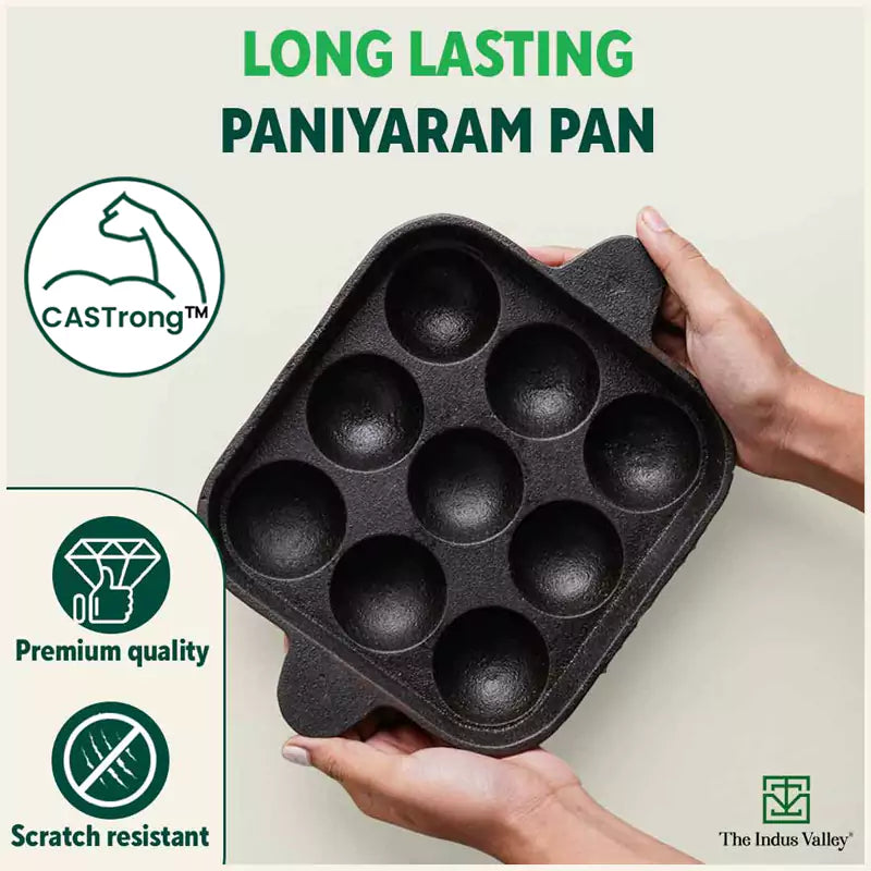 The Indus Valley 9 Pit/Cup CASTrong Cast Iron Paniyaram/Appe Pan+ Spatula, Pre-seasoned, Natural Nonstick, 100% Pure, Toxin-free, 18.2 cm, 1.34 kg