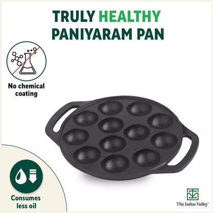 The Indus Valley 12 Pit/Cup CASTrong Cast Iron Kuzhi Paniyaram/Paddu Pan/Appe Maker, Pre-seasoned, 100% Pure, Toxin-free, Spatula, 21 cm, 2.2 kg - Distacart