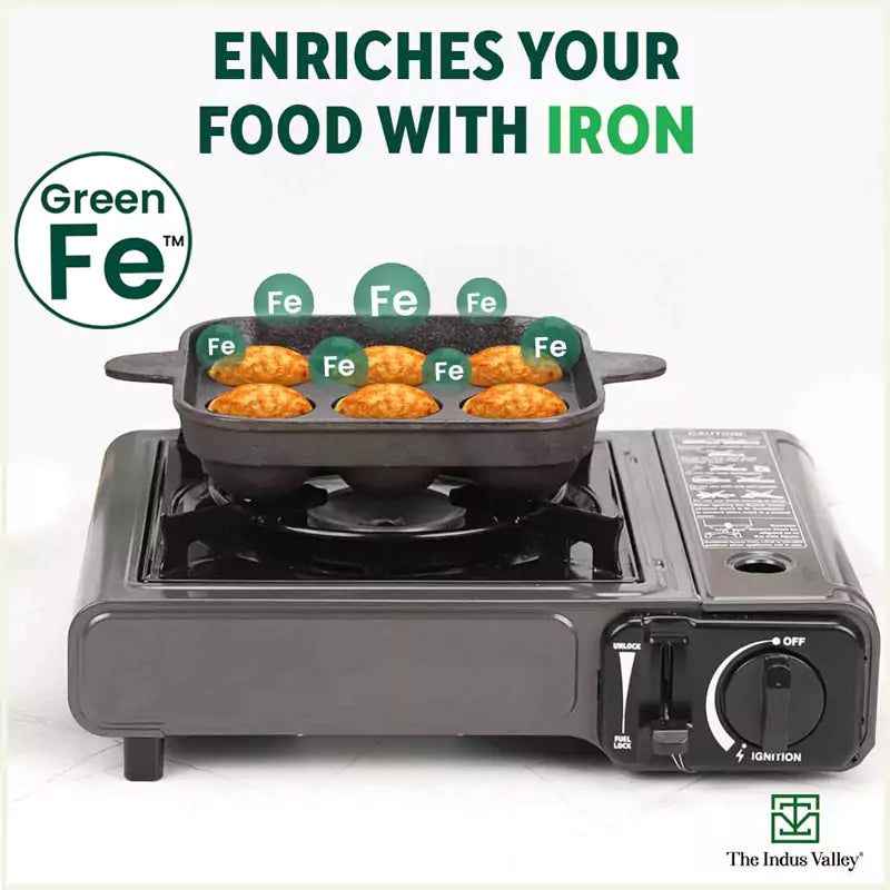 The Indus Valley 9 Pit/Cup CASTrong Cast Iron Paniyaram/Appe Pan+ Spatula, Pre-seasoned, Natural Nonstick, 100% Pure, Toxin-free, 18.2 cm, 1.34 kg