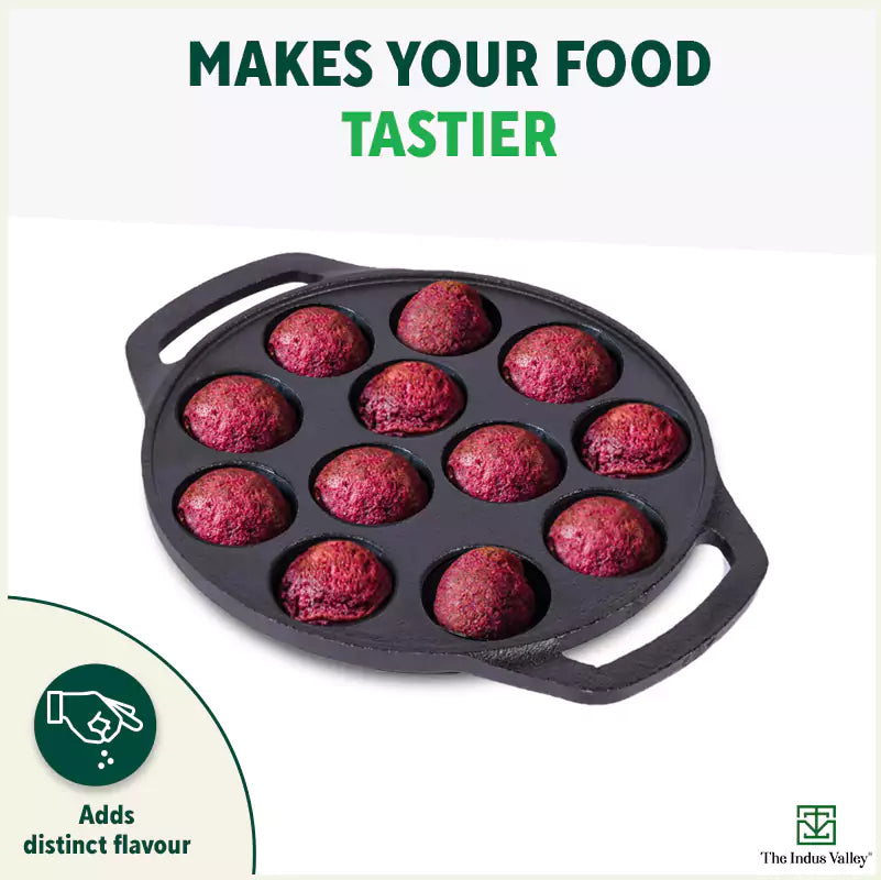The Indus Valley 12 Pit/Cup CASTrong Cast Iron Kuzhi Paniyaram/Paddu Pan/Appe Maker, Pre-seasoned, 100% Pure, Toxin-free, Spatula, 21 cm, 2.2 kg