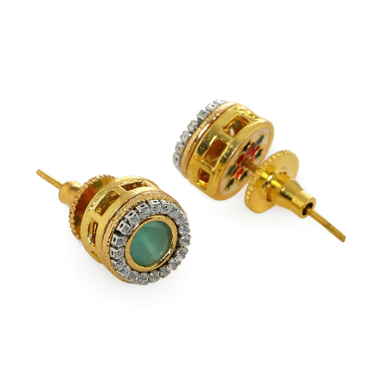 Green Round Daimond and Stone Studs (Green) - Ruby Raang - Distacart