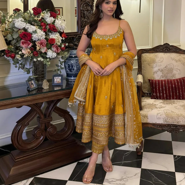 Yash Enterprise Yellow Vichitra Silk Party Wear Embroidery Suit Set - Distacart