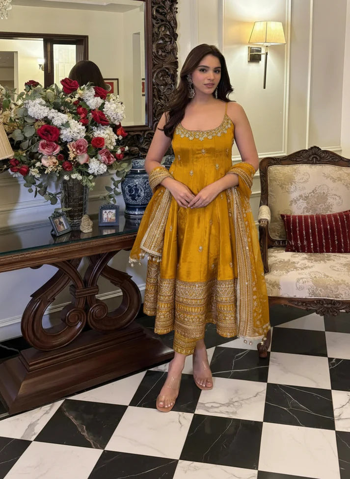 Yash Enterprise Yellow Vichitra Silk Party Wear Embroidery Suit Set