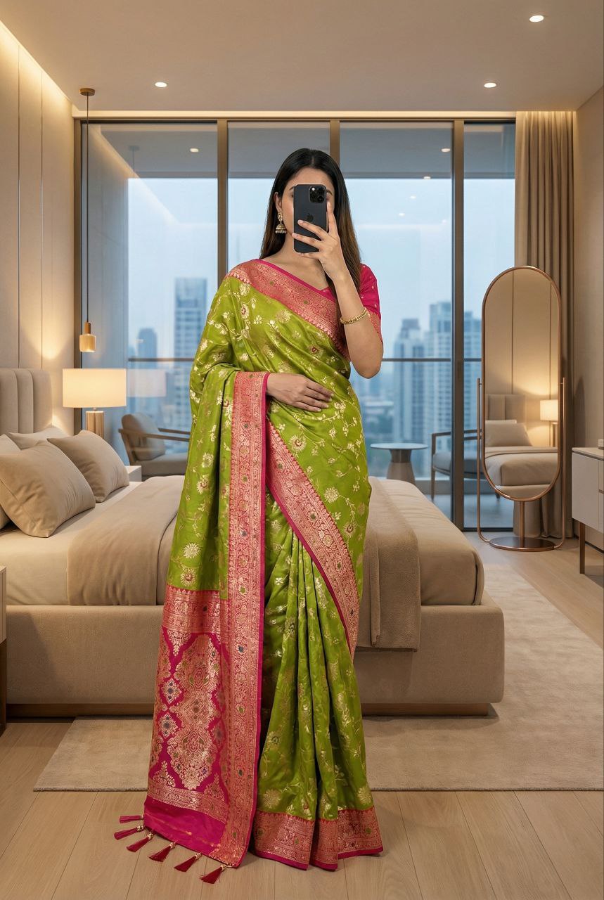 Mameraa Sarees Parrot Green Soft Silk Blend Saree With Zari Weaving Meenakari Design-Parrot_Green - Dista