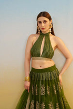 Thumbnail for Aastha Fashion Mehandi Green Butterfly Net Tone To Tone Cotton Thread Work And Sequence Work Embroidery Wedding Wear Lehenga Choli - Distacart
