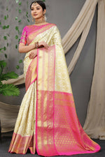 Thumbnail for Jyoti Fashion Women's Off White Kanjivaram Silk Zari Woven Saree with Blouse - Distacart