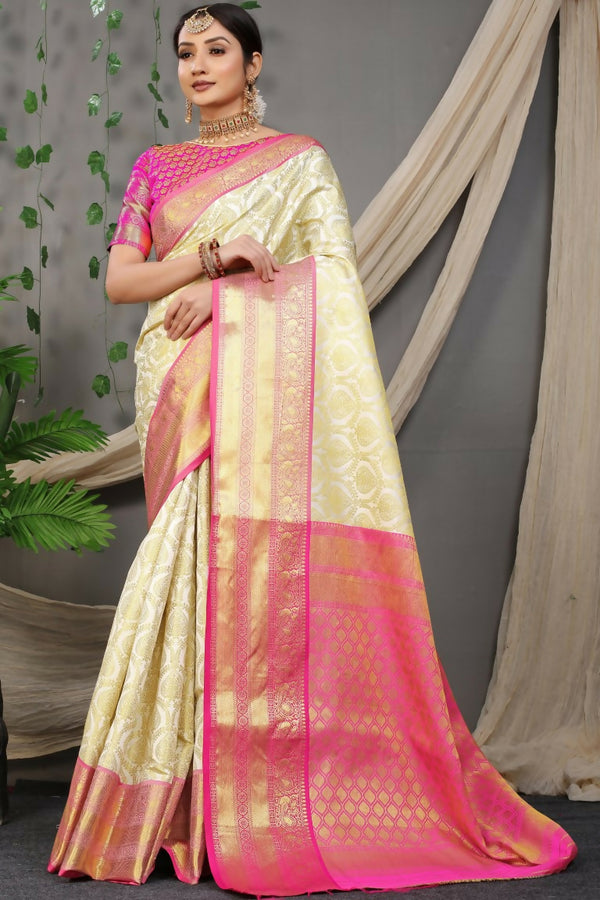 Jyoti Fashion Women's Off White Kanjivaram Silk Zari Woven Saree with Blouse - Distacart
