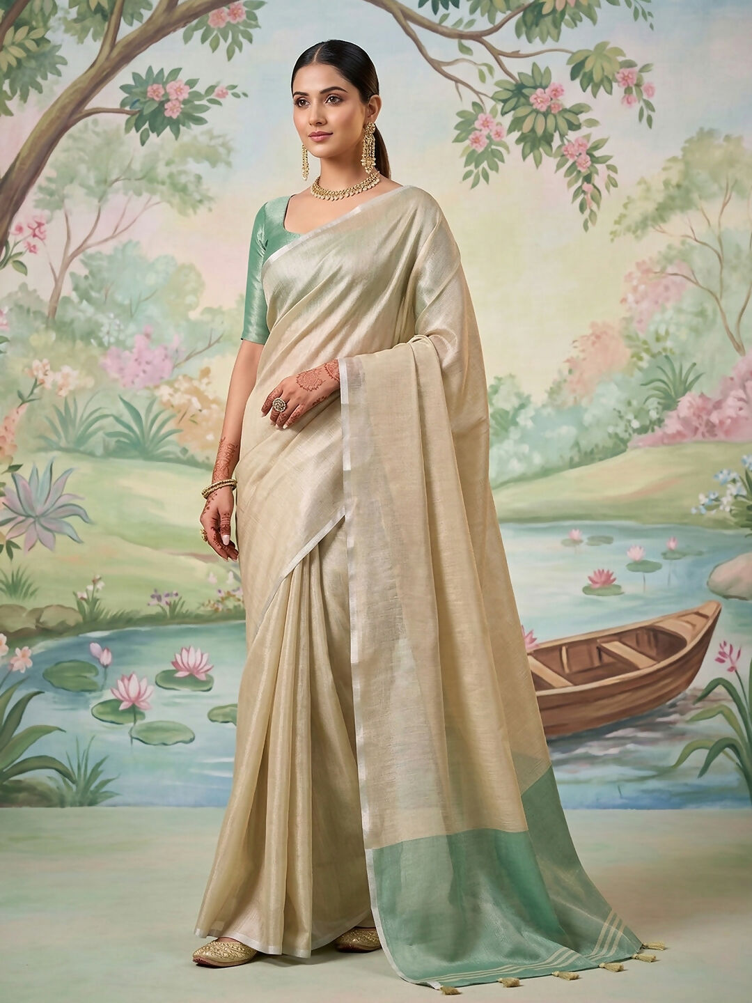Shree Shyam Fashion Beige Tissue Silk Saree - Distacart