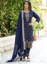 Thumbnail for Vegaa Fashion Navy Blue Viscose Rayon Embroidered Salwar Suit