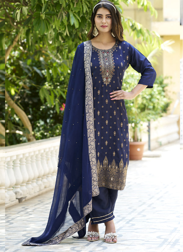 Vegaa Fashion Navy Blue Viscose Rayon Embroidered Salwar Suit