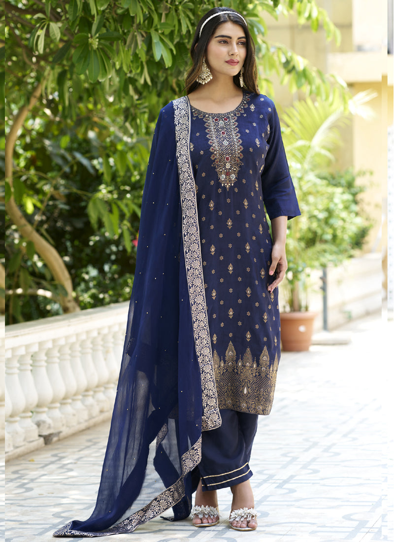 Vegaa Fashion Navy Blue Viscose Rayon Embroidered Salwar Suit