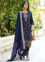 Thumbnail for Vegaa Fashion Navy Blue Viscose Rayon Embroidered Salwar Suit