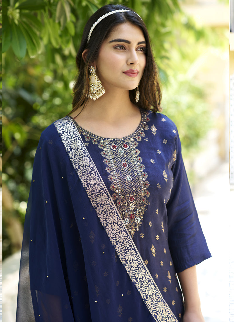Vegaa Fashion Navy Blue Viscose Rayon Embroidered Salwar Suit