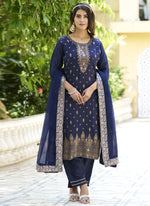 Thumbnail for Vegaa Fashion Navy Blue Viscose Rayon Embroidered Salwar Suit