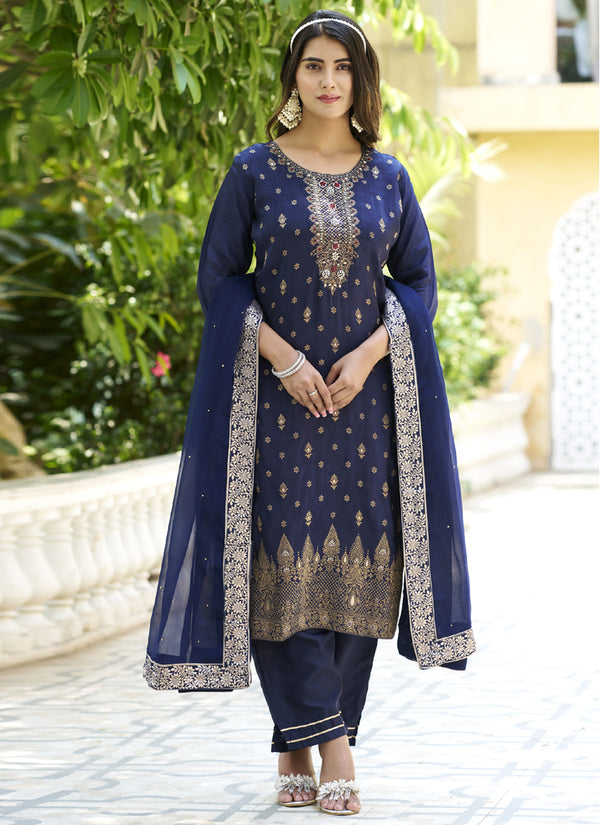 Vegaa Fashion Navy Blue Viscose Rayon Embroidered Salwar Suit