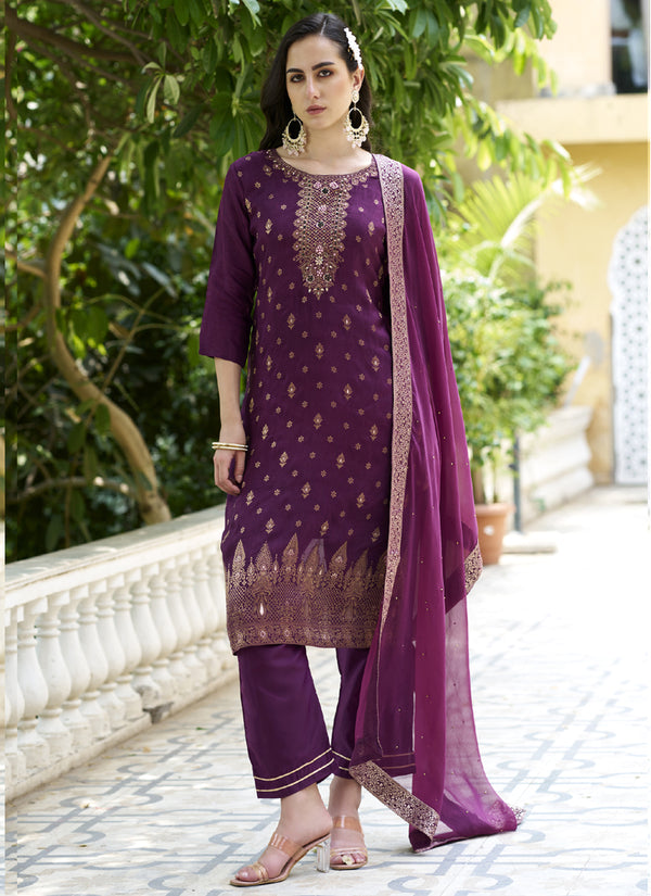 Vegaa Fashion Violet Viscose Rayon Embroidered Salwar Suit