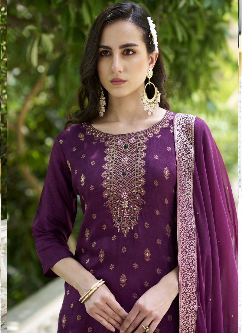 Vegaa Fashion Violet Viscose Rayon Embroidered Salwar Suit