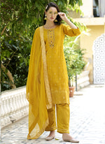 Thumbnail for Vegaa Fashion Yellow Viscose Rayon Embroidered Salwar Suit