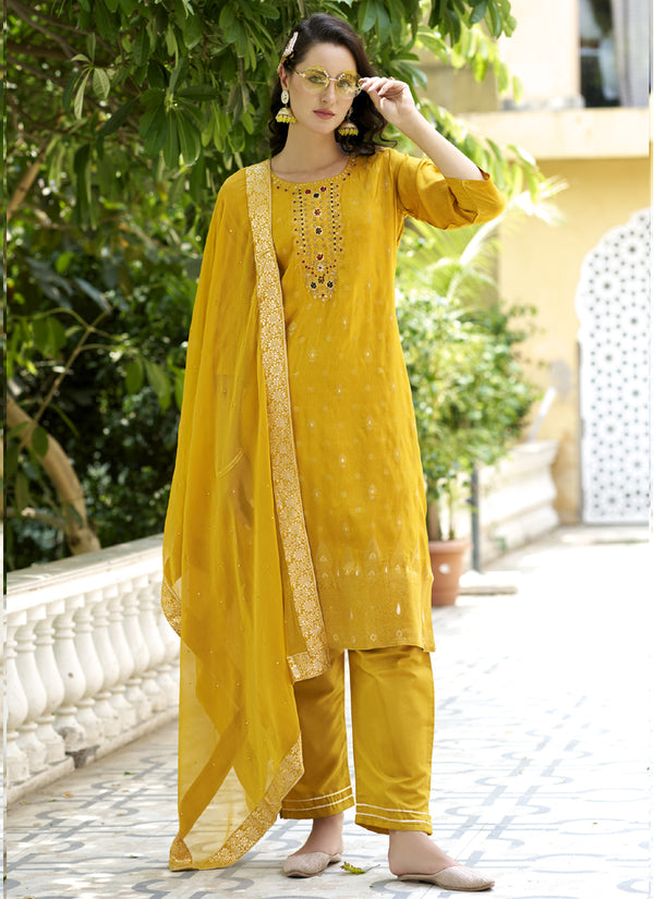 Vegaa Fashion Yellow Viscose Rayon Embroidered Salwar Suit