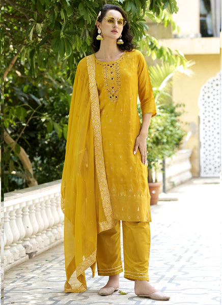 Vegaa Fashion Yellow Viscose Rayon Embroidered Salwar Suit