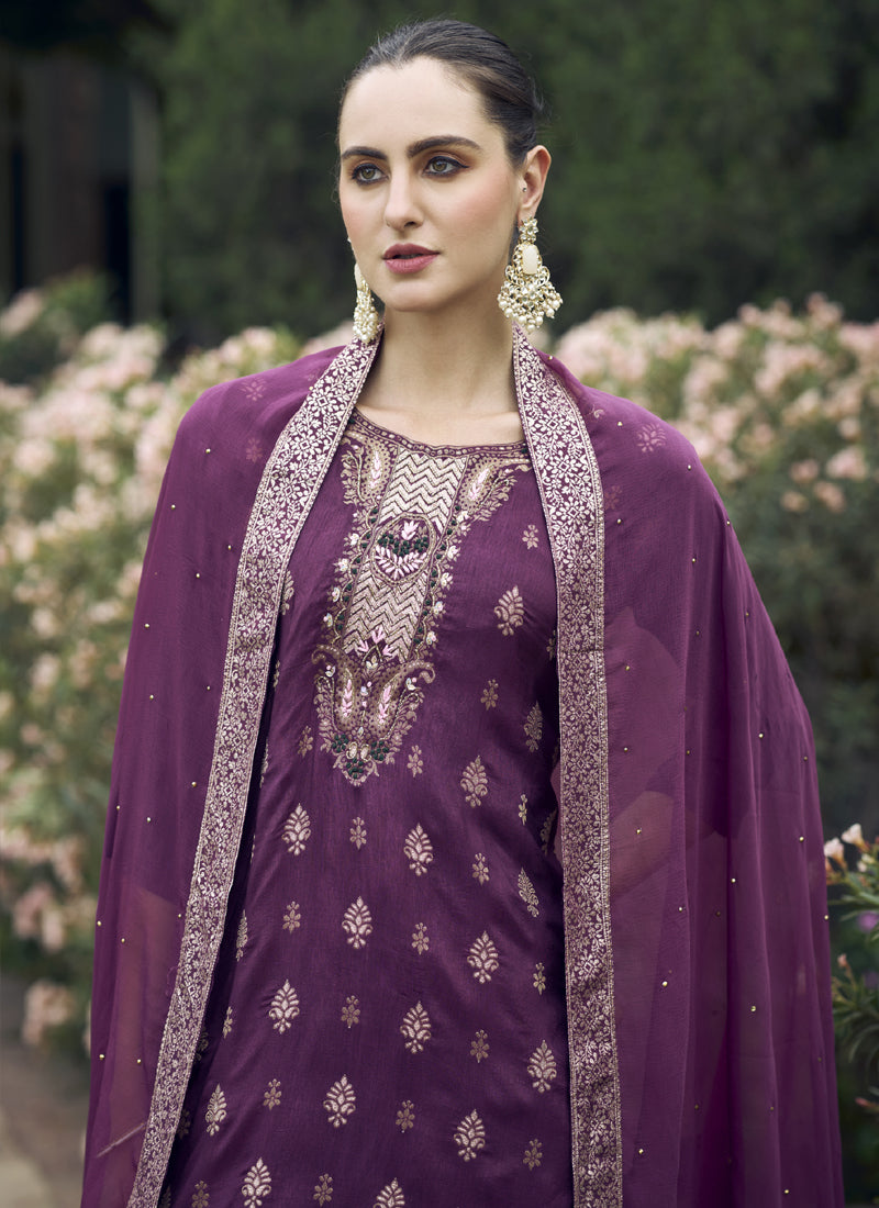 Vegaa Fashion Wine Viscose Rayon Embroidered Salwar Suit