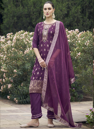 Vegaa Fashion Wine Viscose Rayon Embroidered Salwar Suit