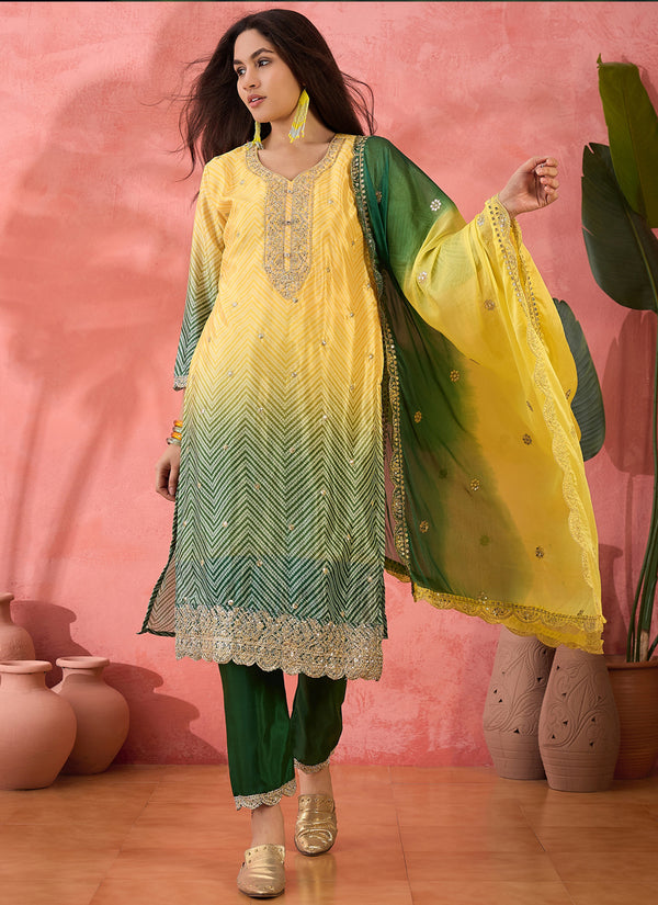 Vegaa Fashion Yellow Chinon Silk Embroidered Salwar Suit