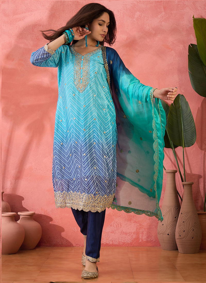 Vegaa Fashion Sky Blue Chinon Silk Embroidered Salwar Suit