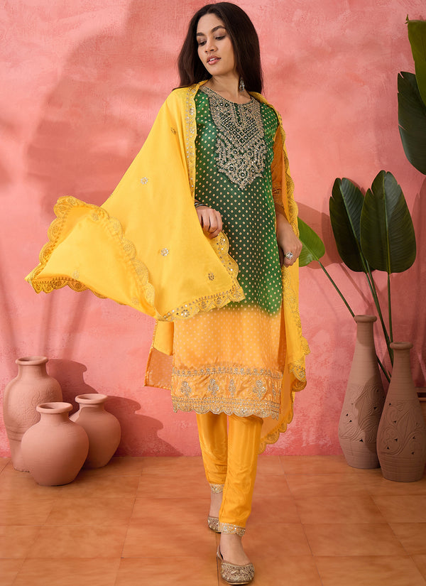 Vegaa Fashion Green And Yellow Chinon Silk Embroidered Salwar Suit