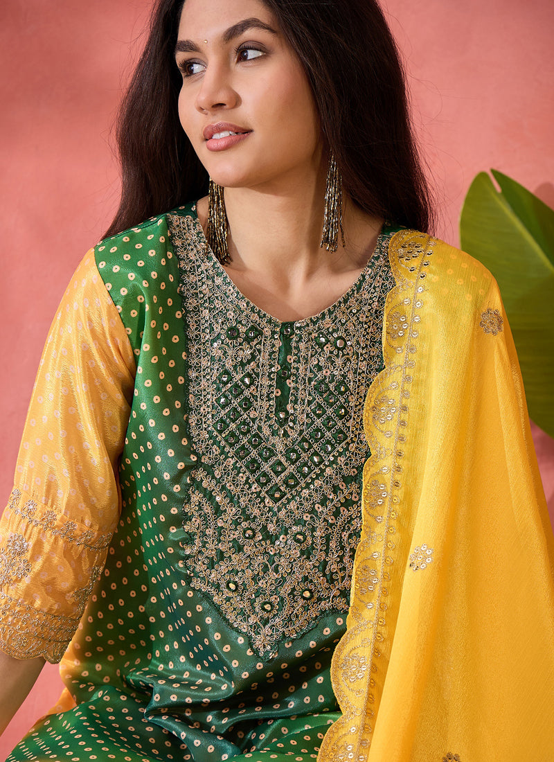 Vegaa Fashion Green And Yellow Chinon Silk Embroidered Salwar Suit