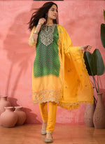 Thumbnail for Vegaa Fashion Green And Yellow Chinon Silk Embroidered Salwar Suit