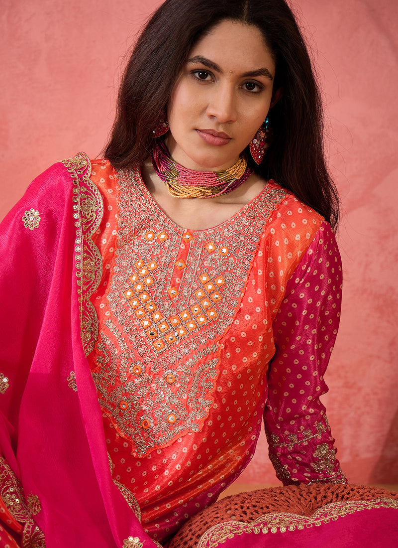 Vegaa Fashion Pink And Orange Chinon Silk Embroidered Salwar Suit