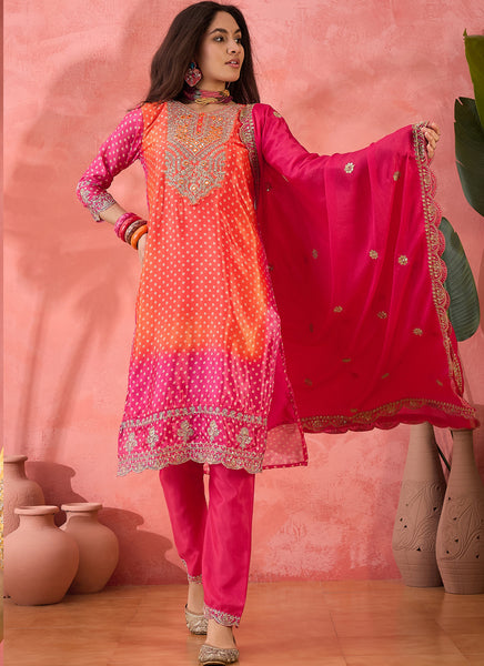 Vegaa Fashion Pink And Orange Chinon Silk Embroidered Salwar Suit