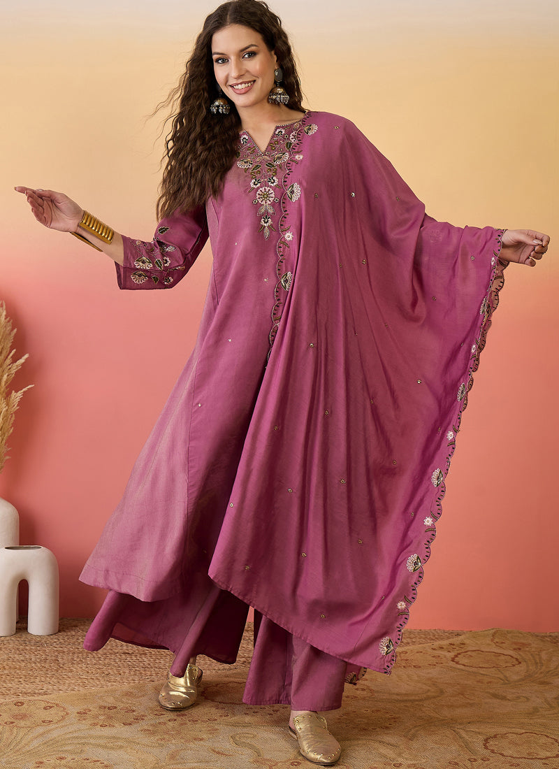 Vegaa Fashion Onion Pink Roman Silk Embroidered Palazzo Suit - Distacart