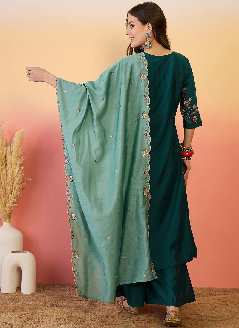 Vegaa Fashion Aqua Green Roman Silk Embroidered Palazzo Suit - Distacart