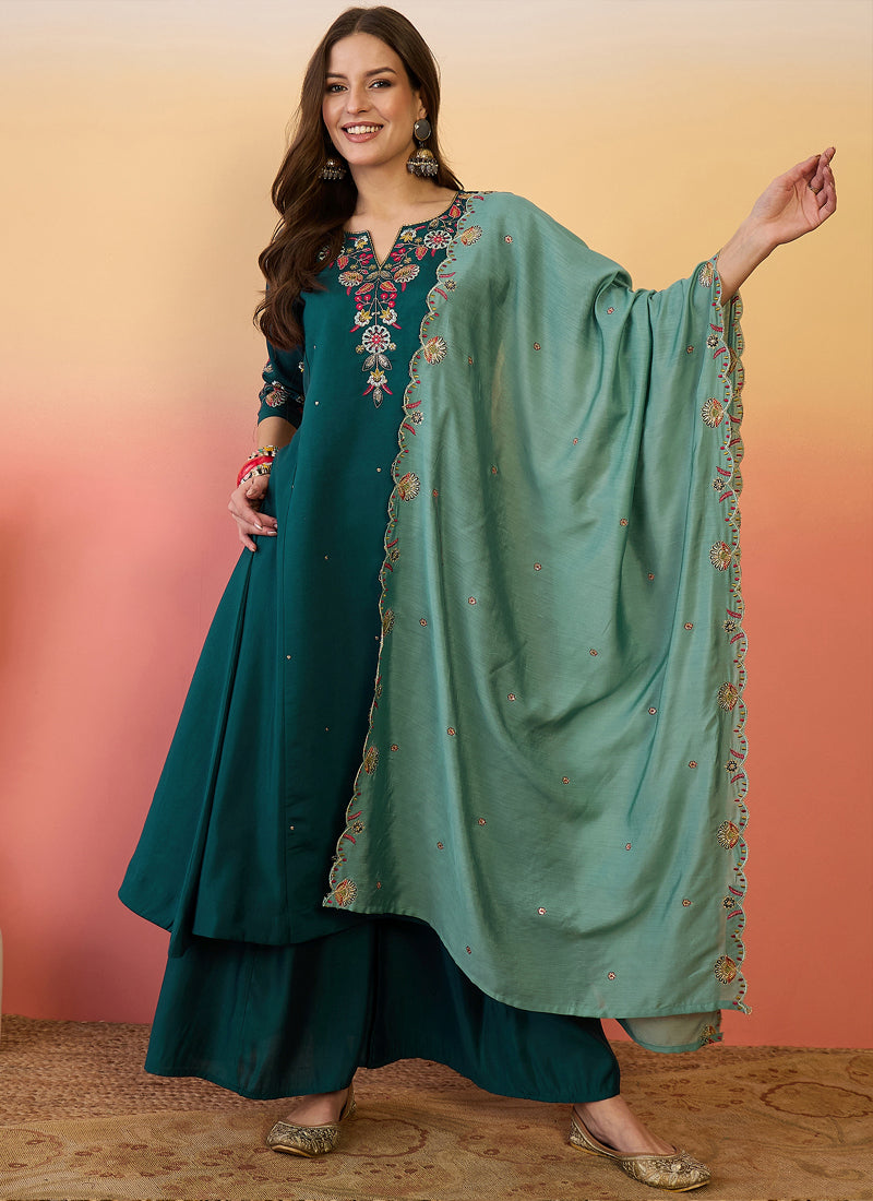Vegaa Fashion Aqua Green Roman Silk Embroidered Palazzo Suit - Distacart